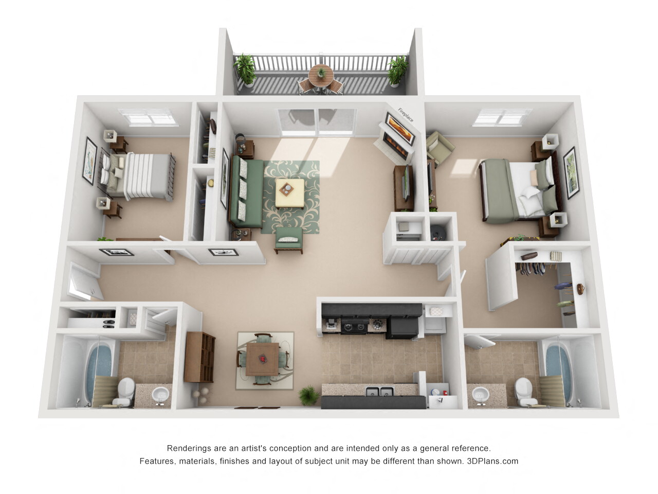 Floor plan for 2 beds, 2 baths, 1092 sqft